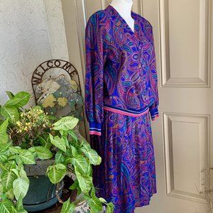 VTG 70s EVANNA Paisley Skirt Set w/Sweater Trim